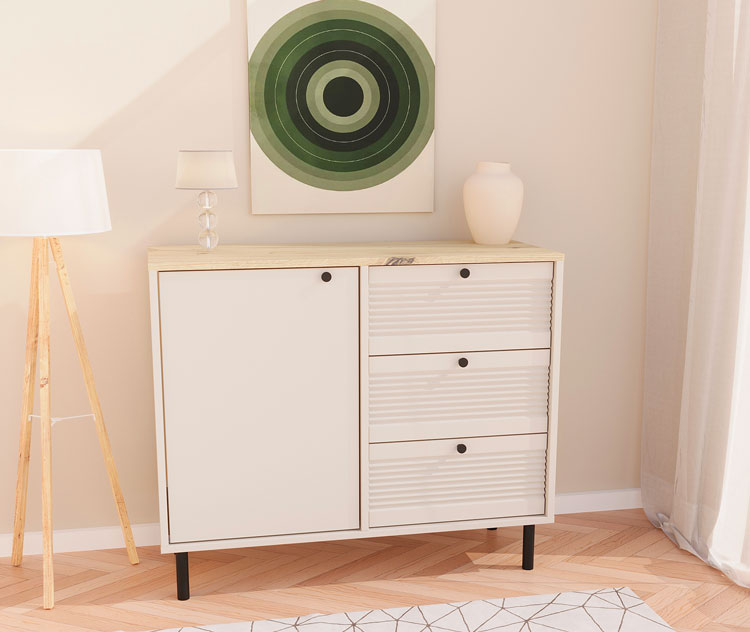 Komoda Zoani 3X kaszmir + dąb artisan w nowoczesnym salonie