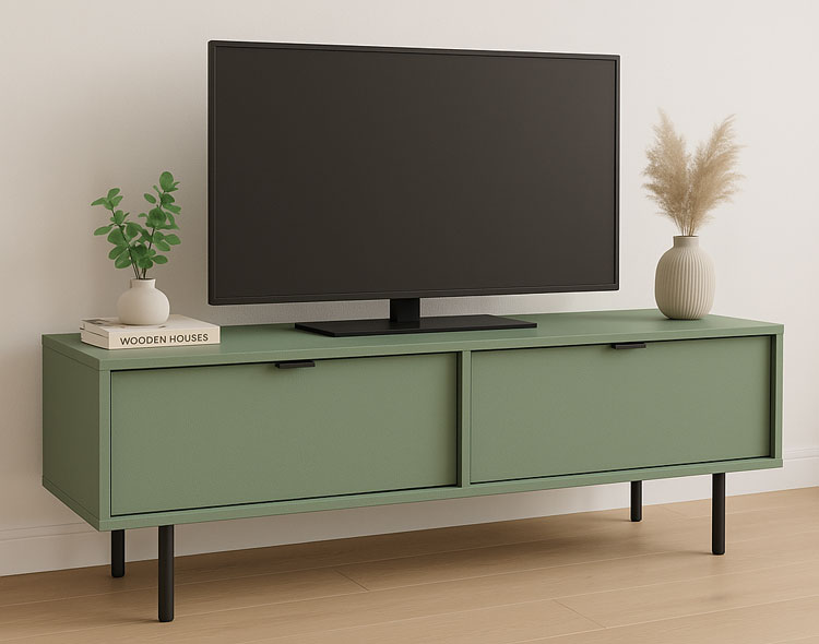 Salon z wykorzystaniem szałwiowej szafki RTV na nóżkach Inao 3X