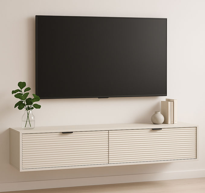 Kaszmirowa ryflowana szafka RTV wisząca Inao 5X w salonie