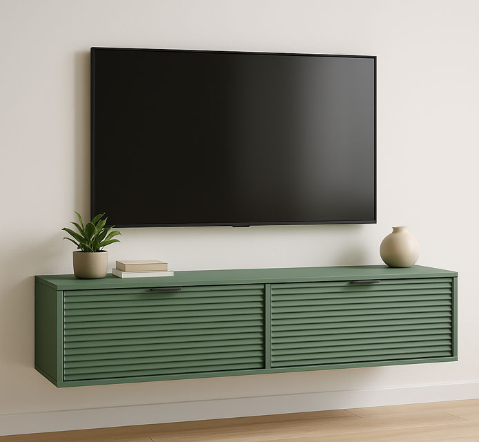 Zielona ryflowana szafka RTV wisząca Inao 5X w salonie