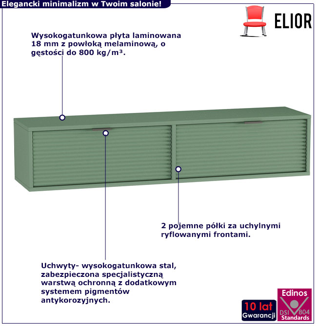 Zielona ryflowana szafka wisząca pod TV Inao 5X szałwia