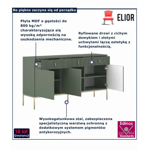 zielona ryflowana komoda na zlotych nogach Lelono 3X