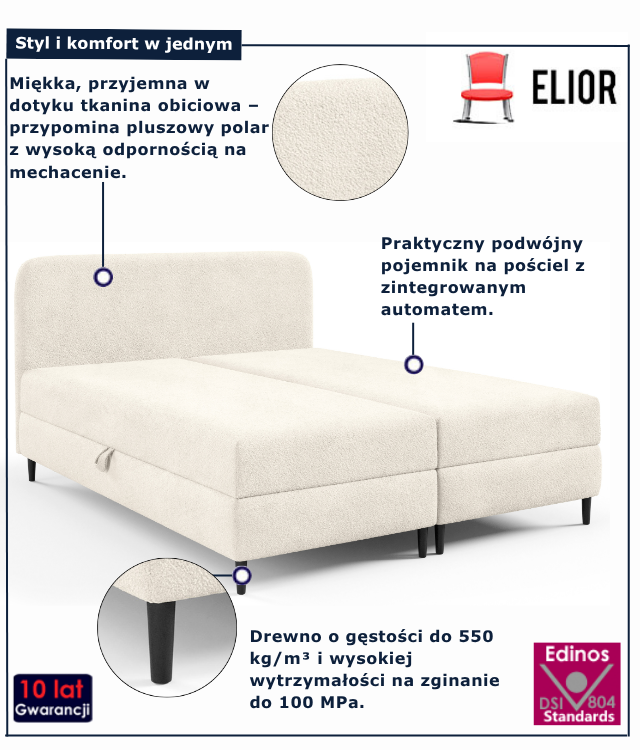 Pluszowe śmietankowe łóżko kontynetalne Tionis