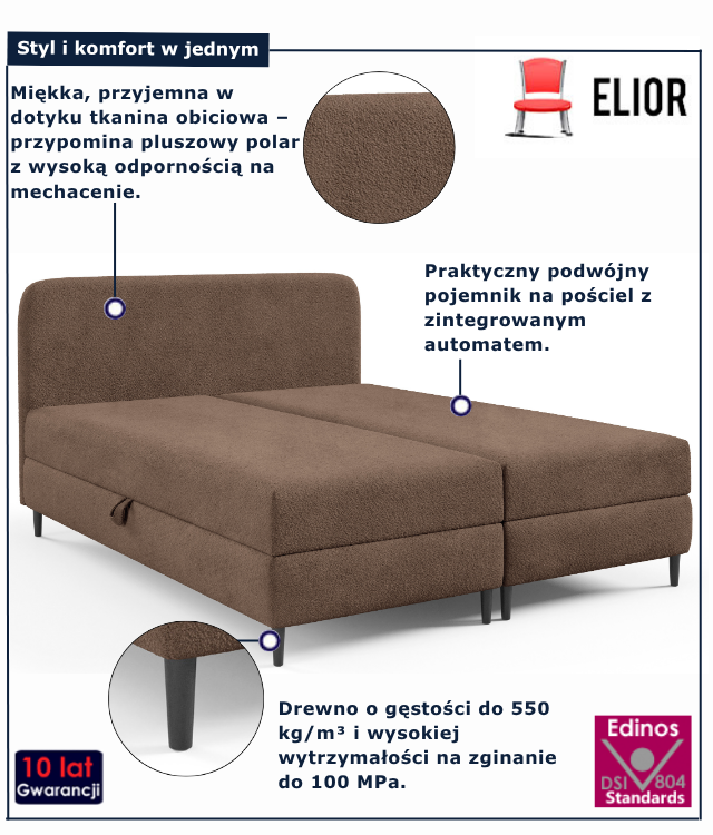 Pluszowe brązowe łóżko kontynetalne Tionis