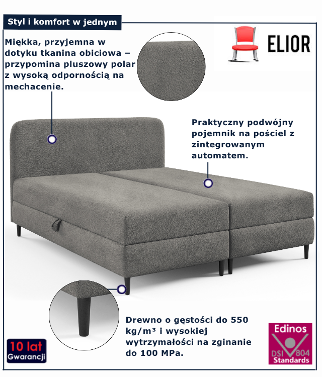 Pluszowe szare łóżko kontynetalne dwuosobowe Tionis
