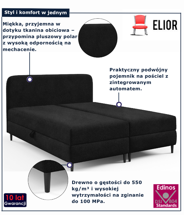 Pluszowe czarne łóżko kontynetalne dwuosobowe Tionis