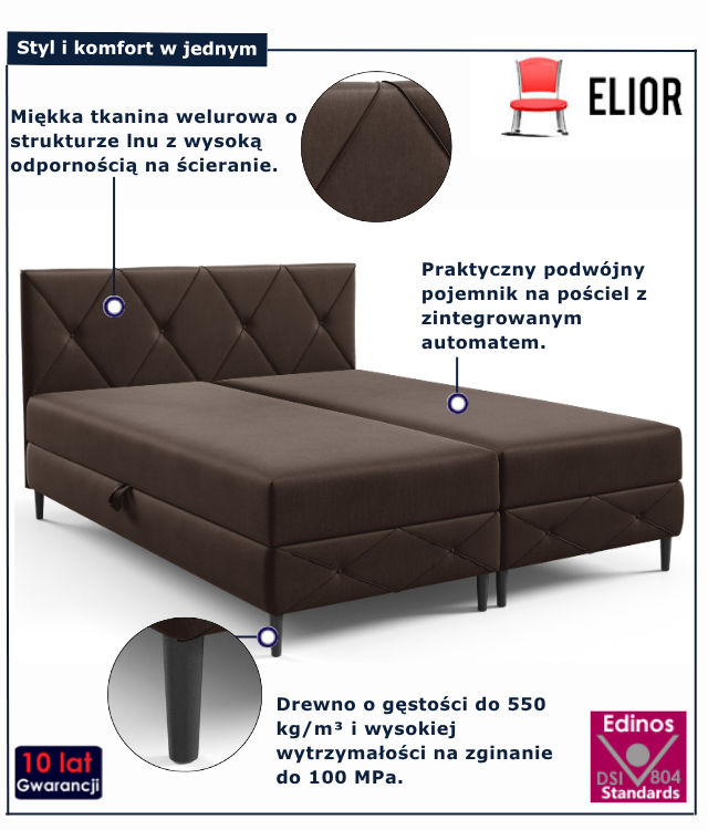 Brązowe pikowane łóżko kontynentalne dwuosobowe Riessa