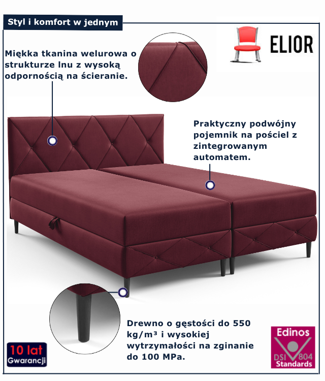 Bordowe pikowane łóżko kontynentalne małżeńskie Riessa