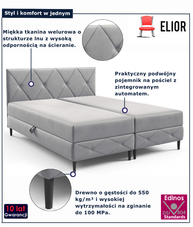 Jasnoszare pikowane łóżko kontynentalne do sypialni Riessa