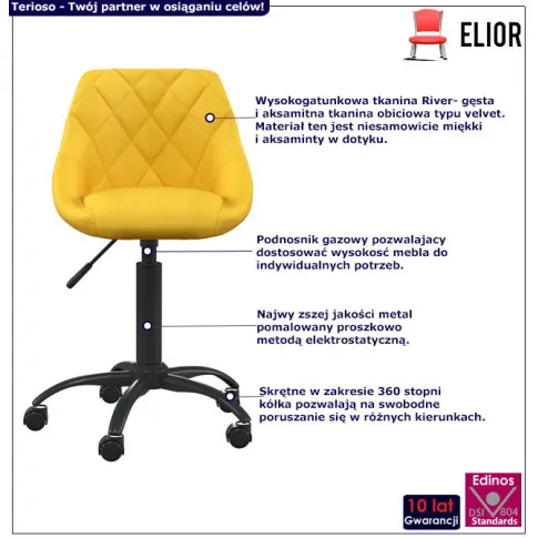 Fotel obrotowy na kółkach w kolorze musztardowym