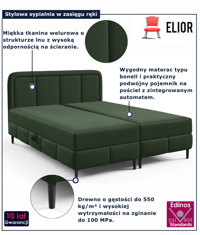 Zielone łóżko dwuosobowe kontynentalne do sypialni Acianna