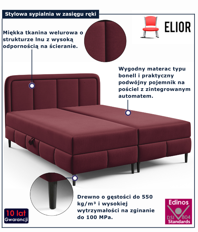 Bordowe łóżko kontynentalne z zagłówkiem Acianna