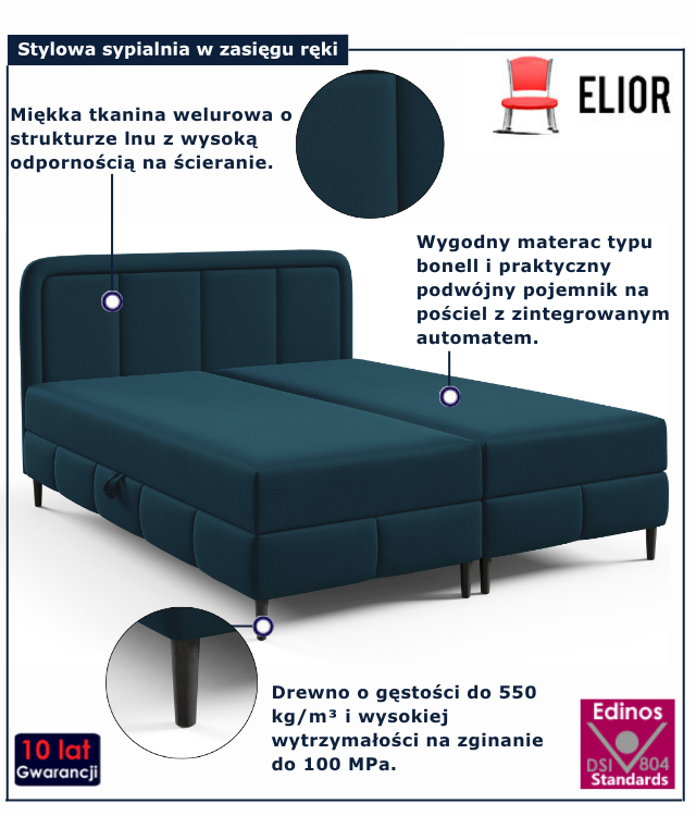 Granatowe łóżko kontynentalne z zagłówkiem i pojemnikiem Acianna