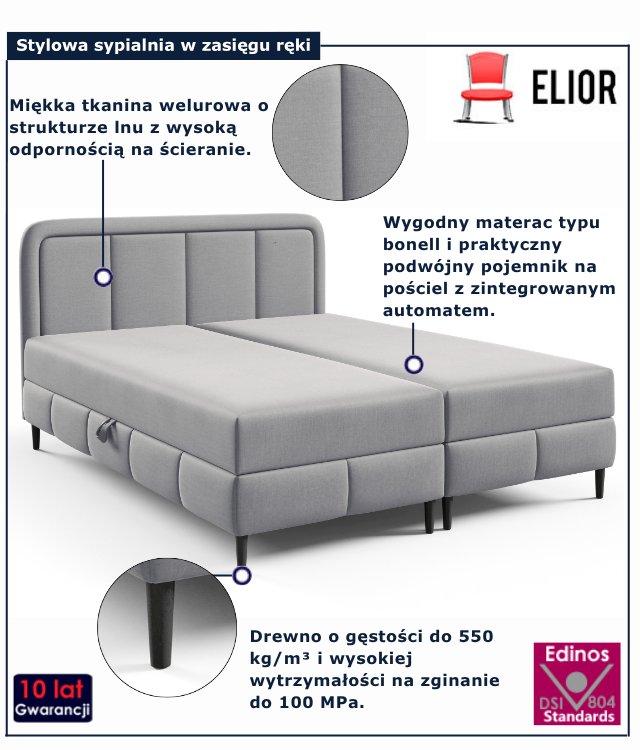 Jasnoszare łóżko kontynentalne Acianna do sypialni nowoczesnej