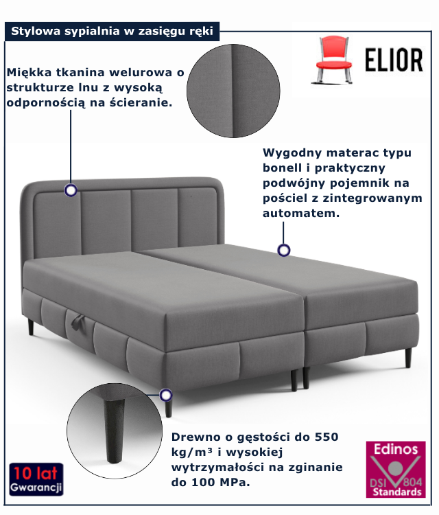 Szare łóżko kontynentalne dwuosobowe Acianna