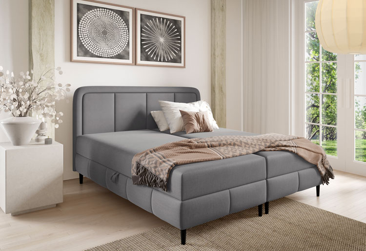 Sypialnia z wykorzystaniem szarego łóżka kontynentalnego Acianna
