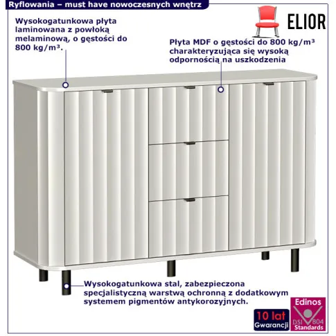 Elegancka ryflowana biała komoda Egesio 3X