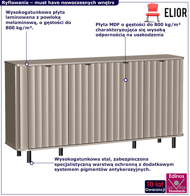 Długa ryflowana komoda na nóżkach Egesio 4X glina