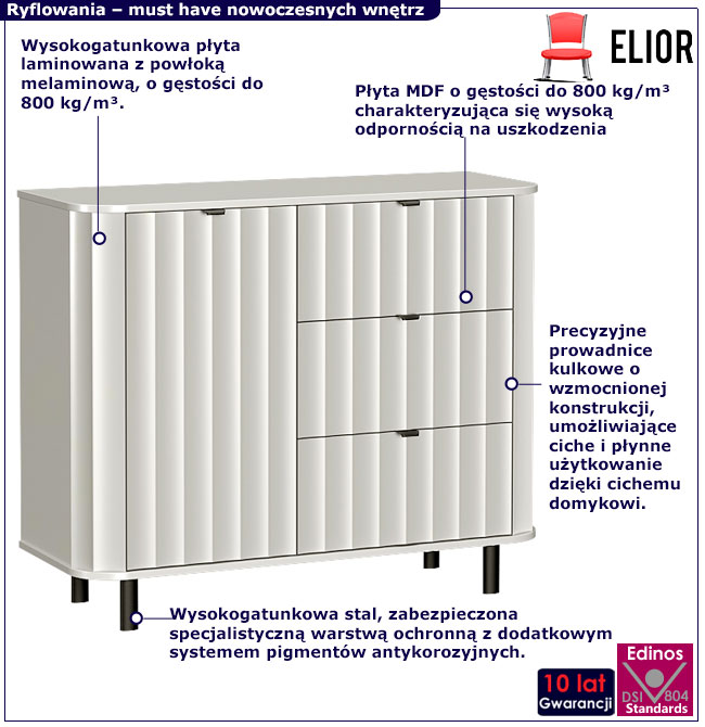 Ryflowana biała komoda z 3 szufladami Egesio 5X