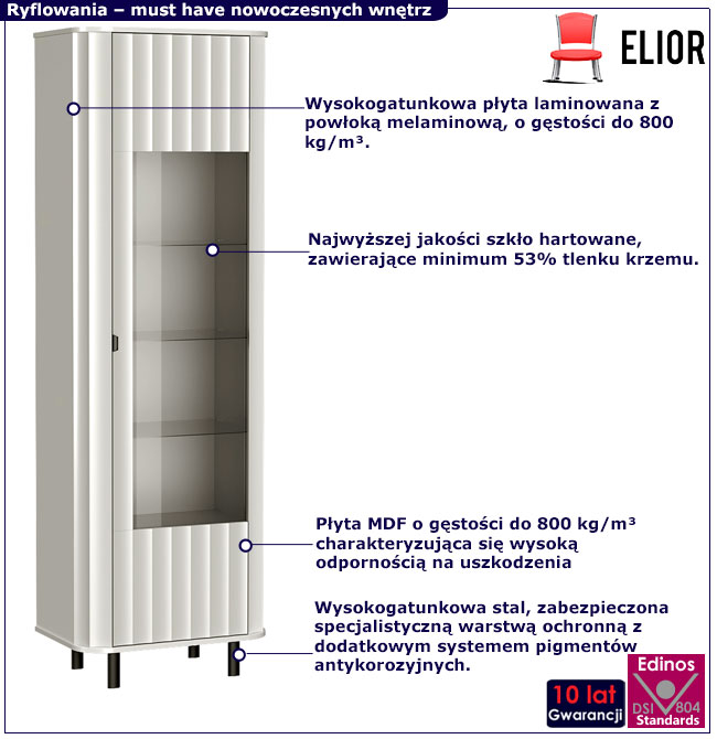 Biała ryflowana witryna szklana na nóżkach Egesio 6X