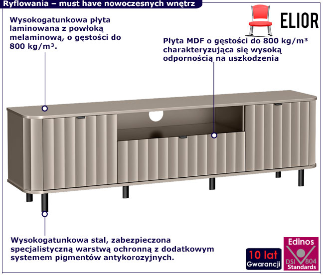 Szara ryflowana szafka pod tv na nóżkach Egesio 7X glina