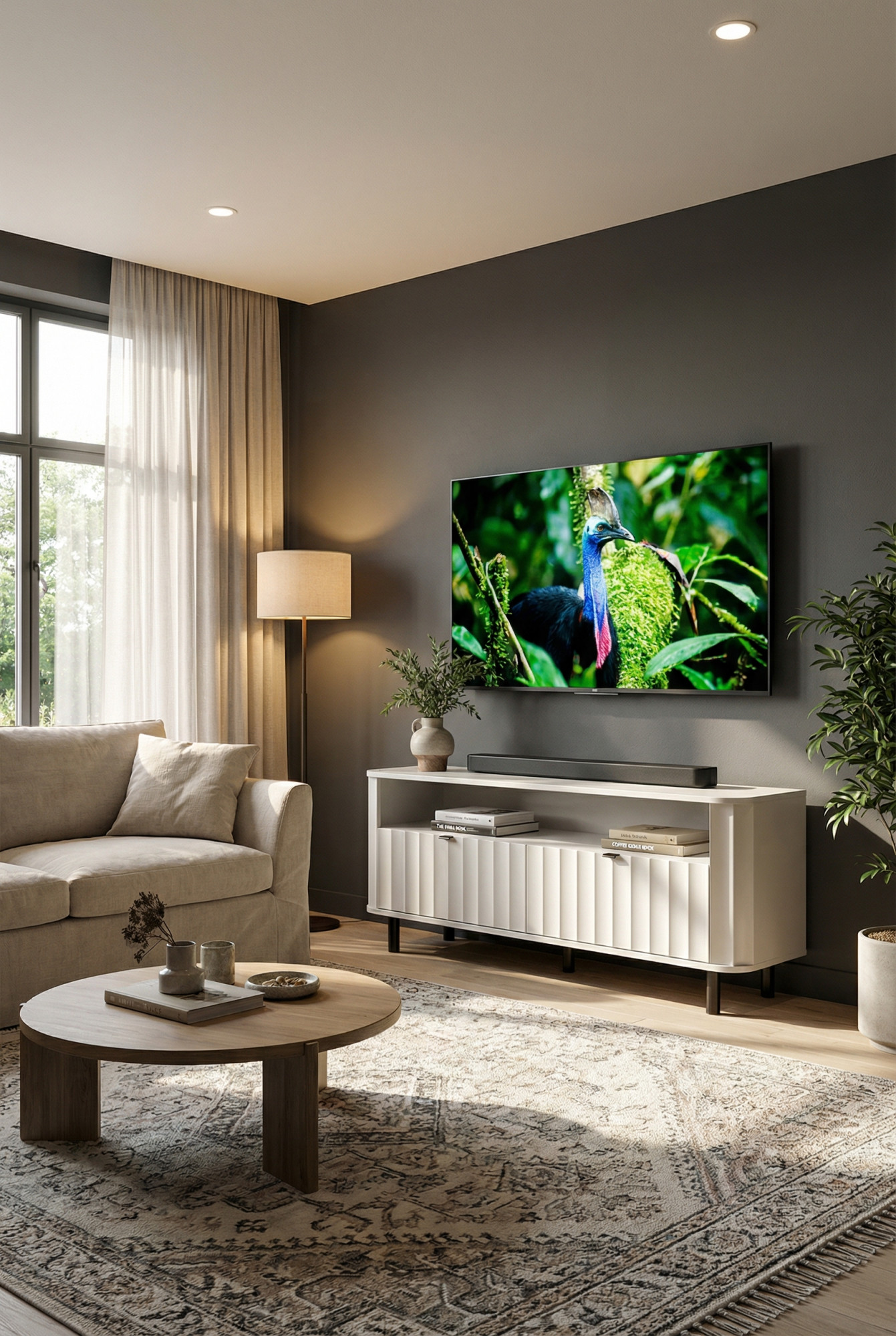 Przykładowa aranżacja z wykorzystaniem białej ryflowanej szafki RTV Egesio 8X