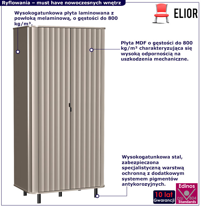 Dwudrzwiowa ryflowana szafa na ubrania na nóżkach Egesio 10X glina