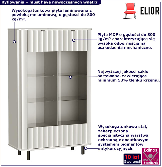 Biała ryflowana witryna niska na nóżkach Egesio 11X