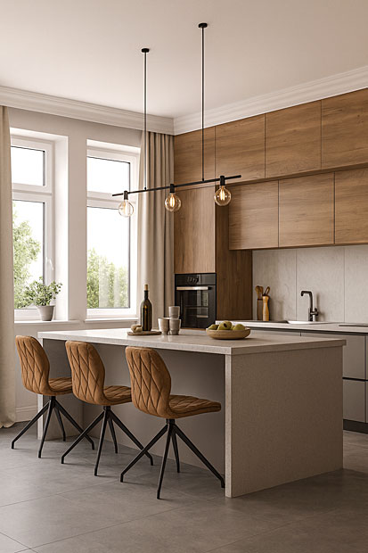 Wnętrze z brązowymi krzesłami Lirvan