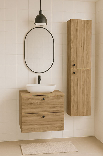 Wnętrze z meblami łazienkowymi w kolorze dąb cremona Tavesi