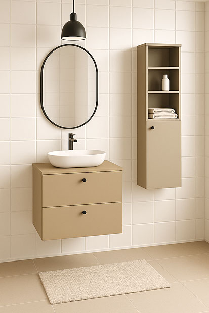Wnętrze z meblami łazienkowymi w kolorze cappuccino Tavesi 