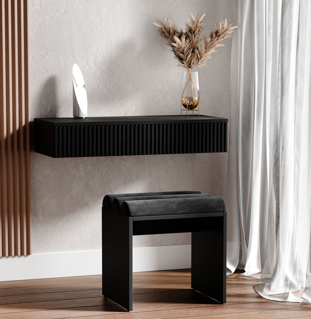 Sypialnia z czarnym taboretem welurowym Ardium