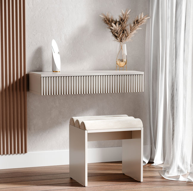 Sypialnia z beżowym kaszmirowym taboretem welurowym Ardium