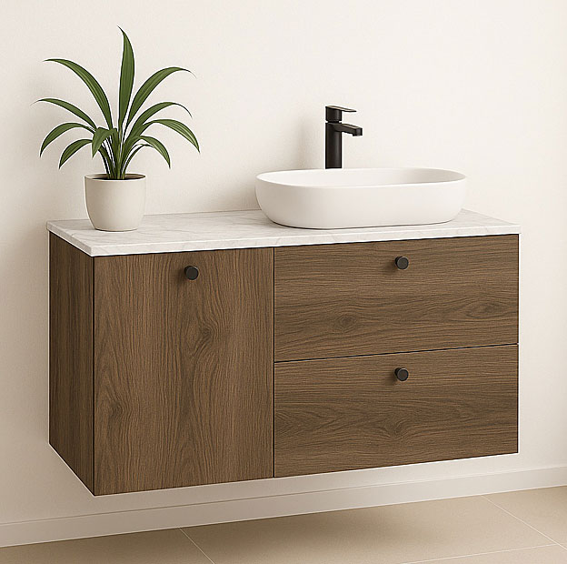 Wizualizacja wnętrza z szafką ciemny orzech + marmur Tavesi 8X