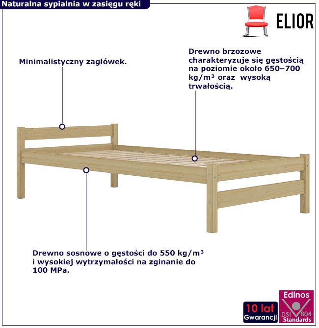 Sosnowe łóżko jednoosobowe ze stelażem Edur 3X