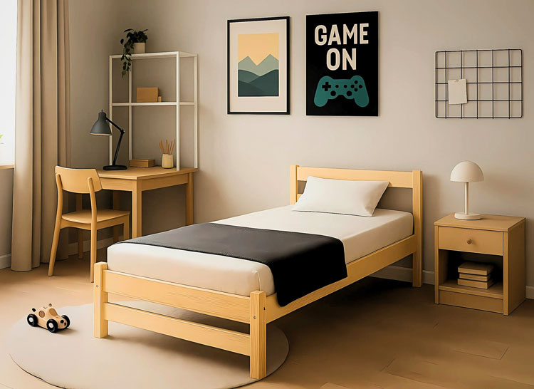 Sypialnia z wykorzystaniem drewnianego łóżka Edur 3X