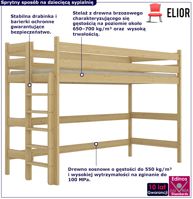 Naturalne łóżko drewniane na atresoli Tifi 3X nielakierowane