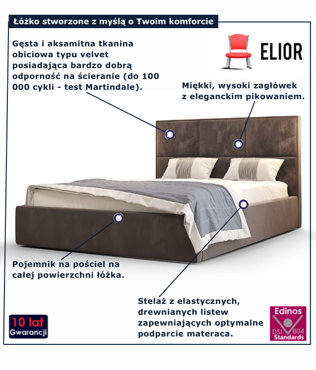 Brązowe nowoczesne łóżko welurowe Welario