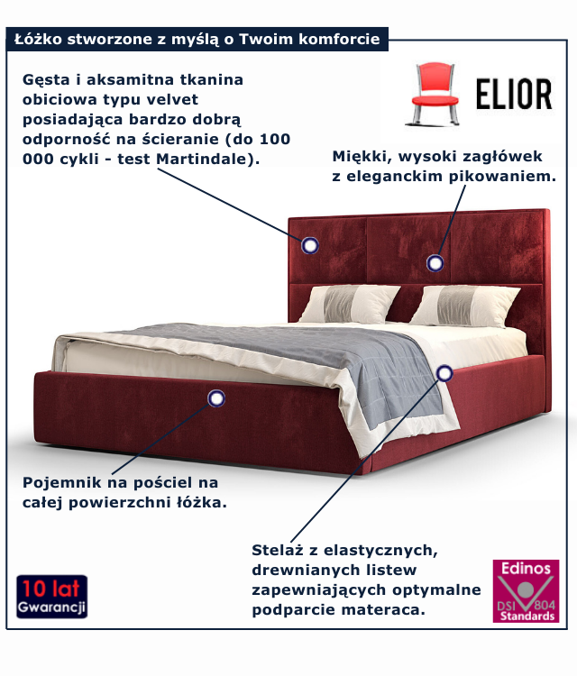 Czerwone nowoczesne łóżko welurowe Welario