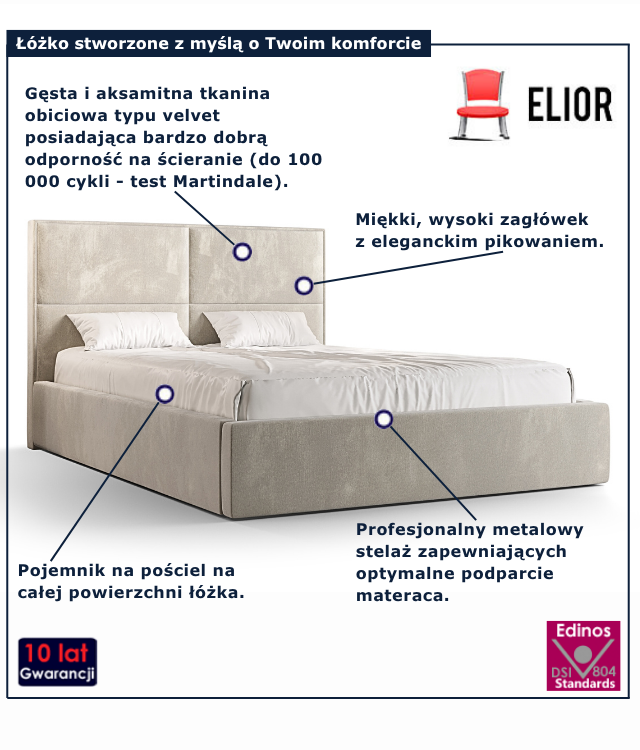 Beżowe nowoczesne łóżko welurowe Welario