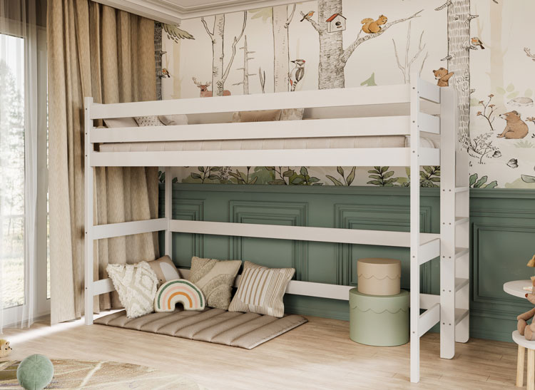 Sypialnia dziecięca z białym łóżkiem drewnianym na antresoli Tifi 3X