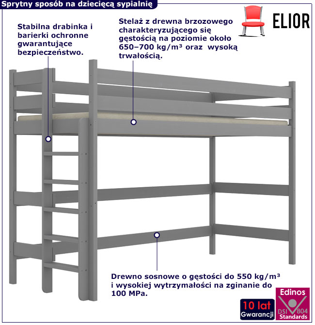 Szare łóżko drewniane na atresoli Tifi 3X
