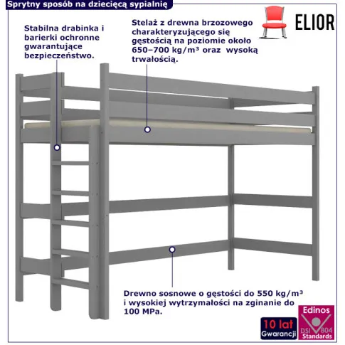 Szare łóżko dla dzieci na antresoli Tifi 3X
