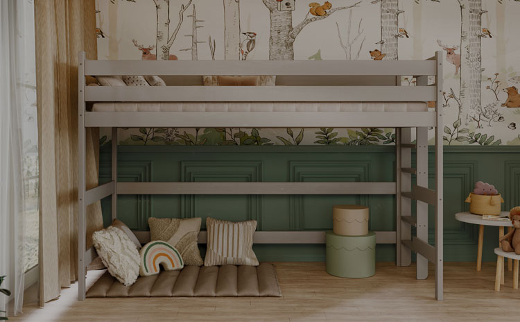 Sypialnia dziecięca z szarym łóżkiem drewnianym na antresoli Tifi 3X