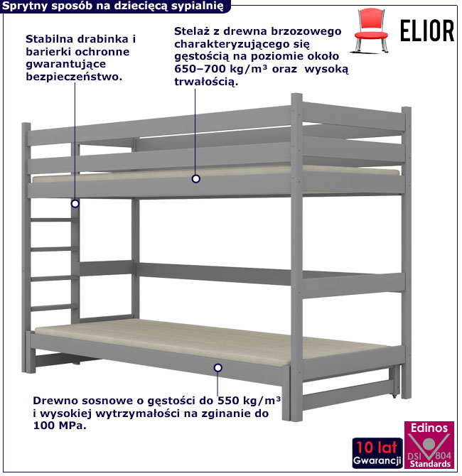 Szare piętrowe lakierowane łóżko dziecięce z drewna Tifi 4X
