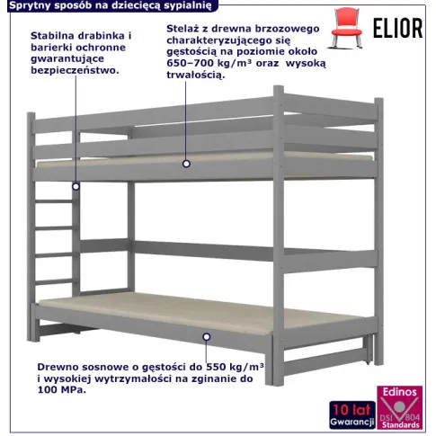 Szare piętrowe drewniane łóżko dla dzieci Tifi 4X