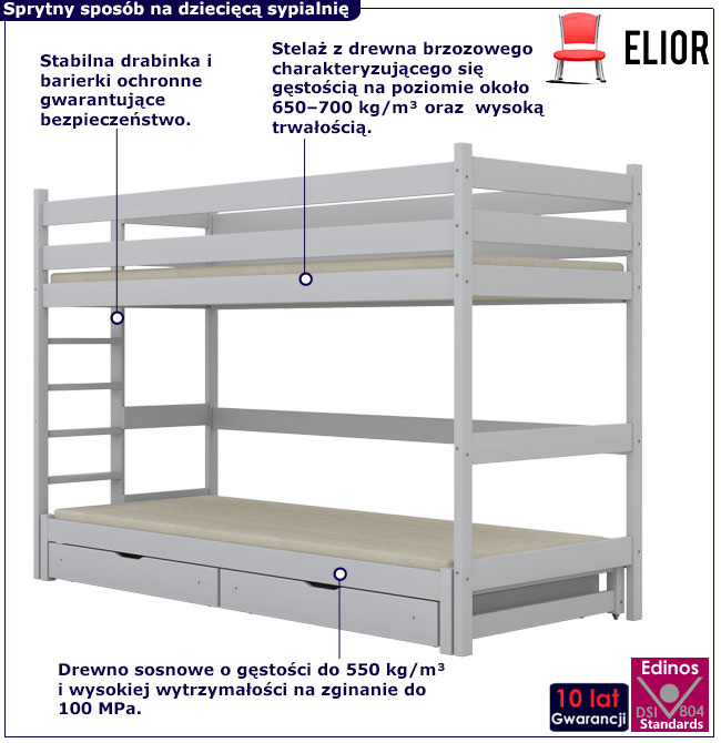 Białe piętrowe łóżko drewniane z 2 szufladami Tifi 5X