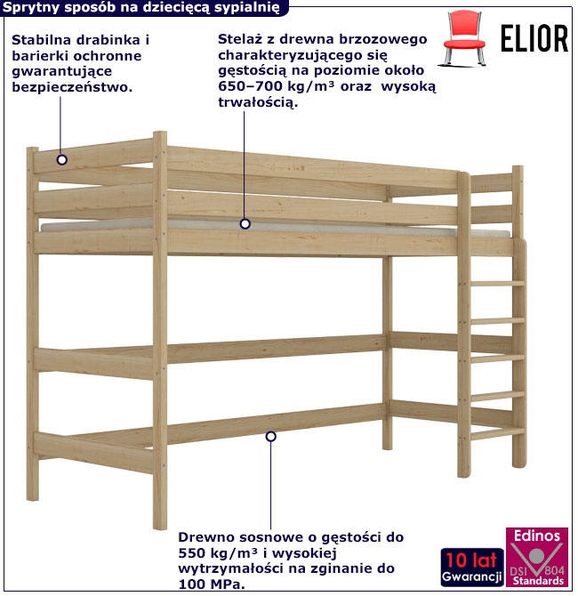 Drewniane sosnowe łóżko na antresoli Jukki