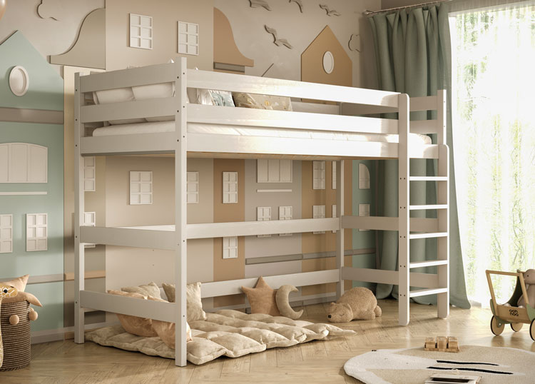 Sypialnia dla dzieci z wykorzystaniem szarego łóżka sosnowego na antresoli Jukki