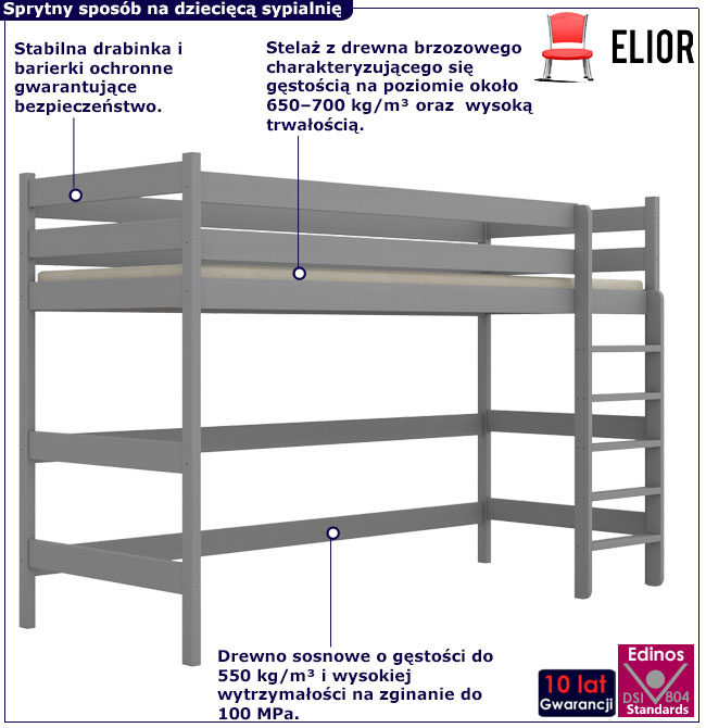 Szare pojedyncze łóżko z antresolą dla dzieci Jukki